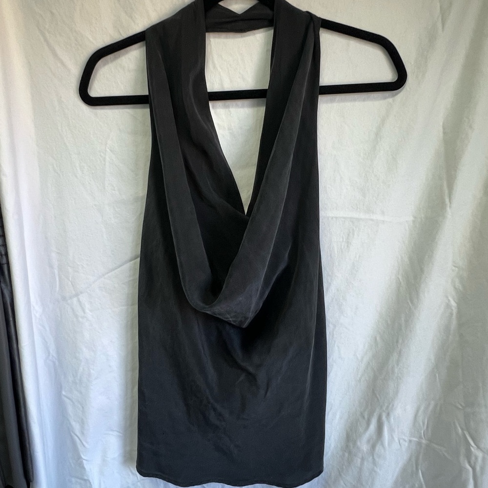 BCBGMAXAZRIA Black Silk Halter Top with Cowl Neck and Open Back - Women’s Large